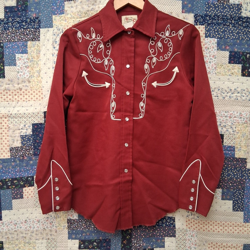 Vintage 70s H Bar C Western Shirt Red Pearl Snap Shotgun Cuffs Smile Pockets
